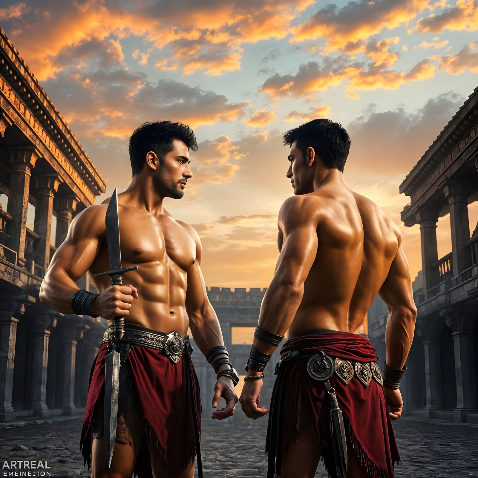 Muscled Gladiators Standoff in Ancient Arena at Sunset