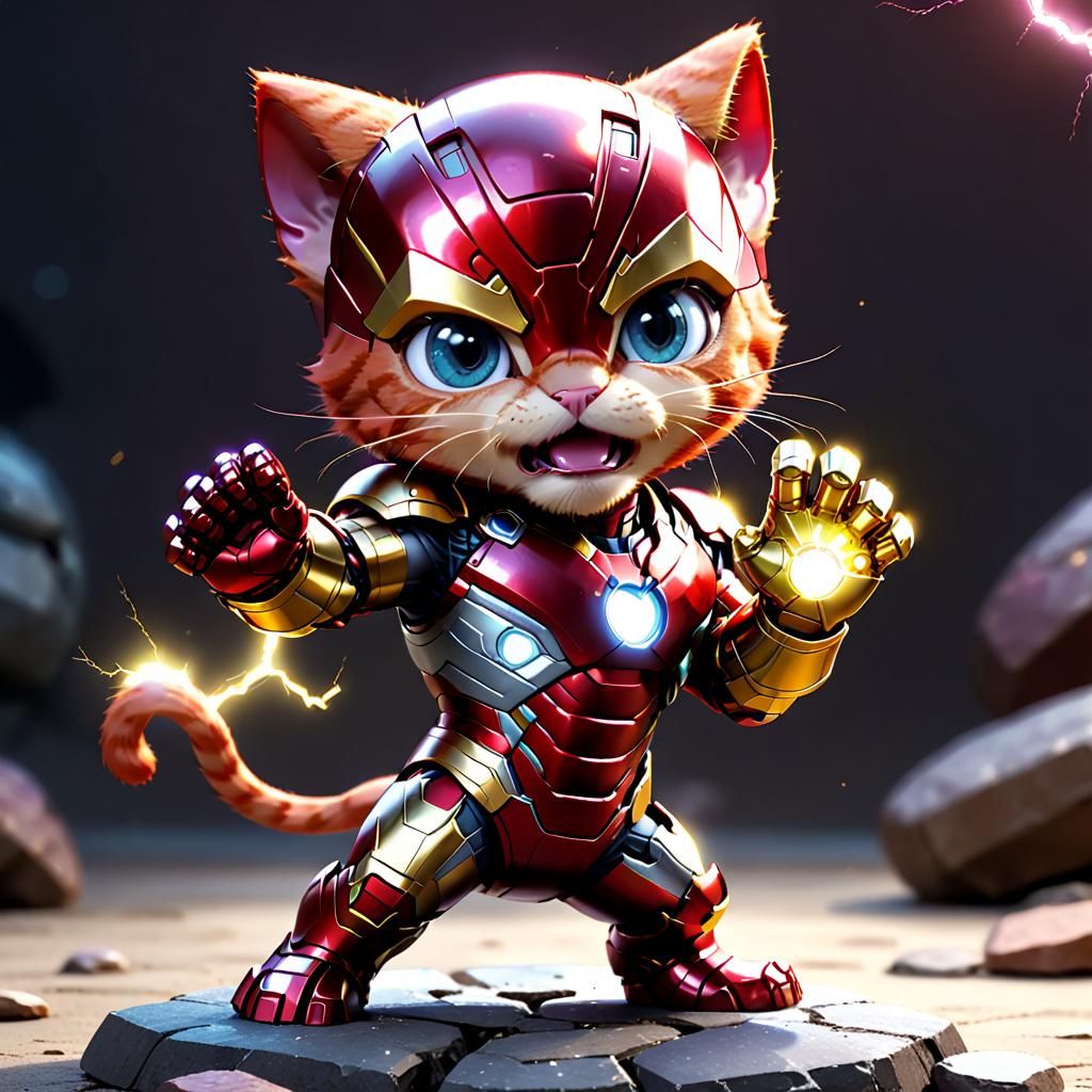 Chibi Red Cat as Iron Man: Anime-Style 3D Art