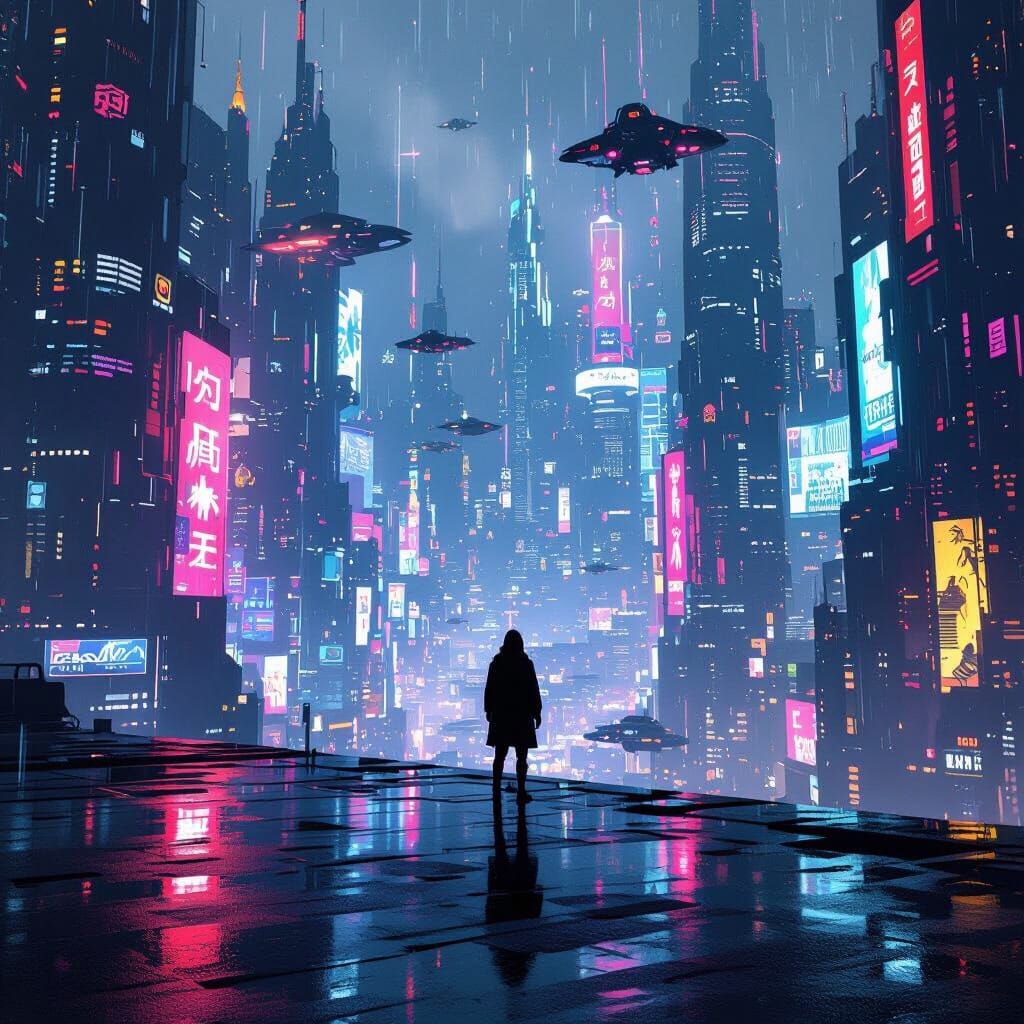 Cyberpunk Cityscape at Night with Neon Lights and Flying Car...