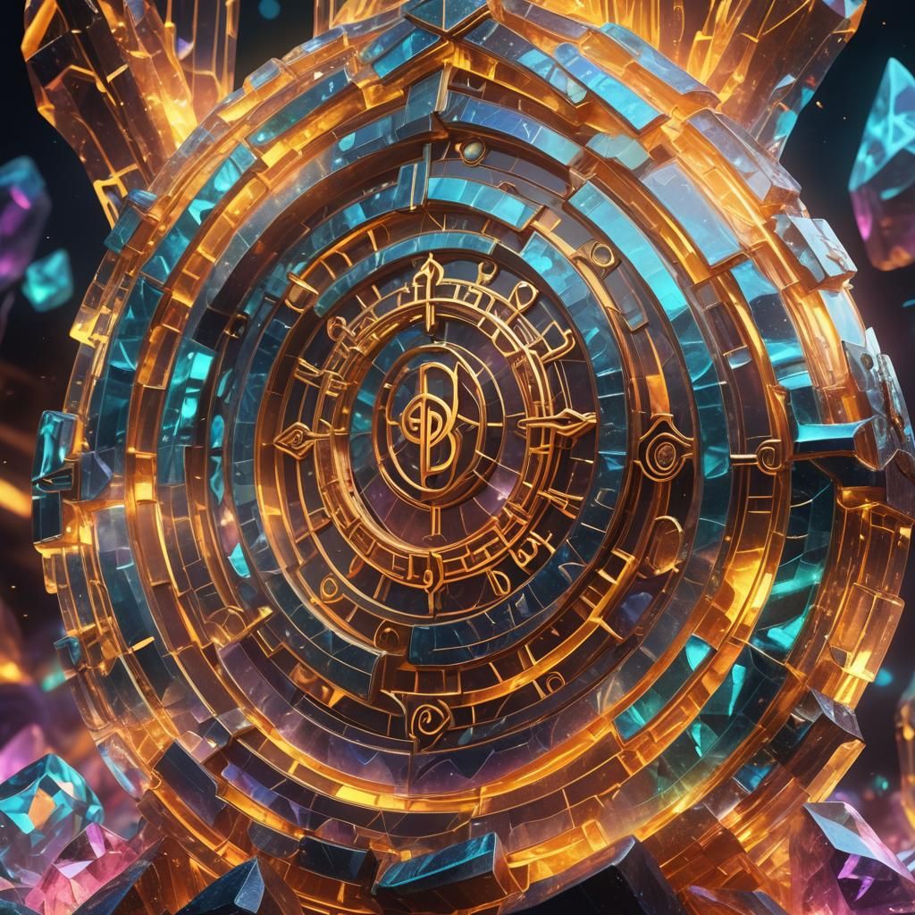 Glowing Runes on Crystal Structure in Neon Digital Art