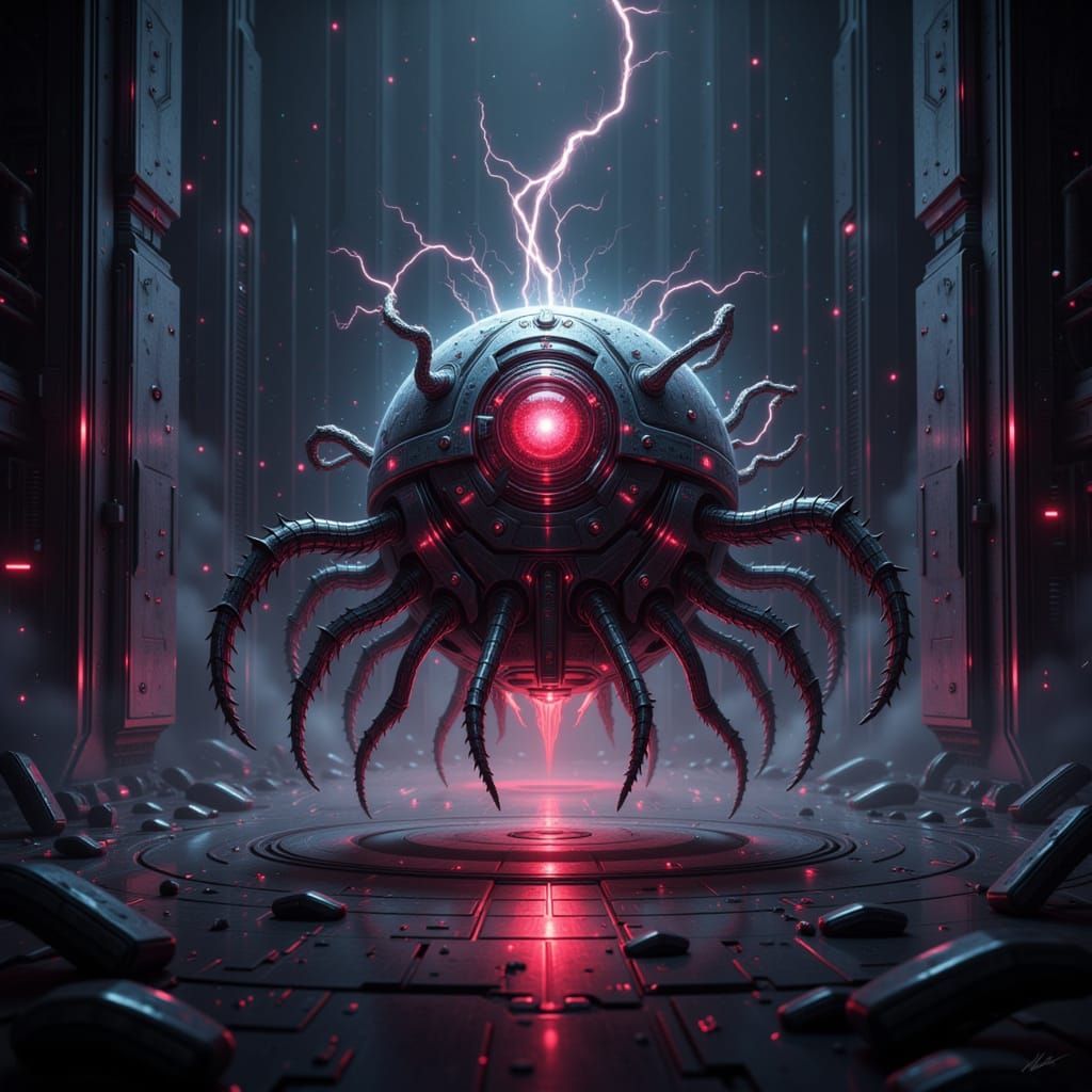 Sentient Roomba Hovers in Dark Sci-Fi Lab