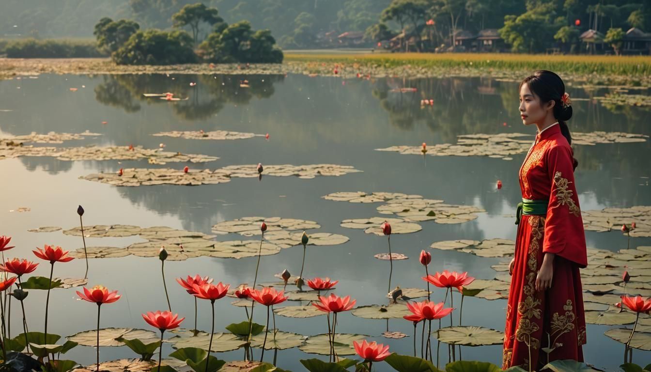 Vietnamese Woman in Áo Dài at Hồ Tây Lake