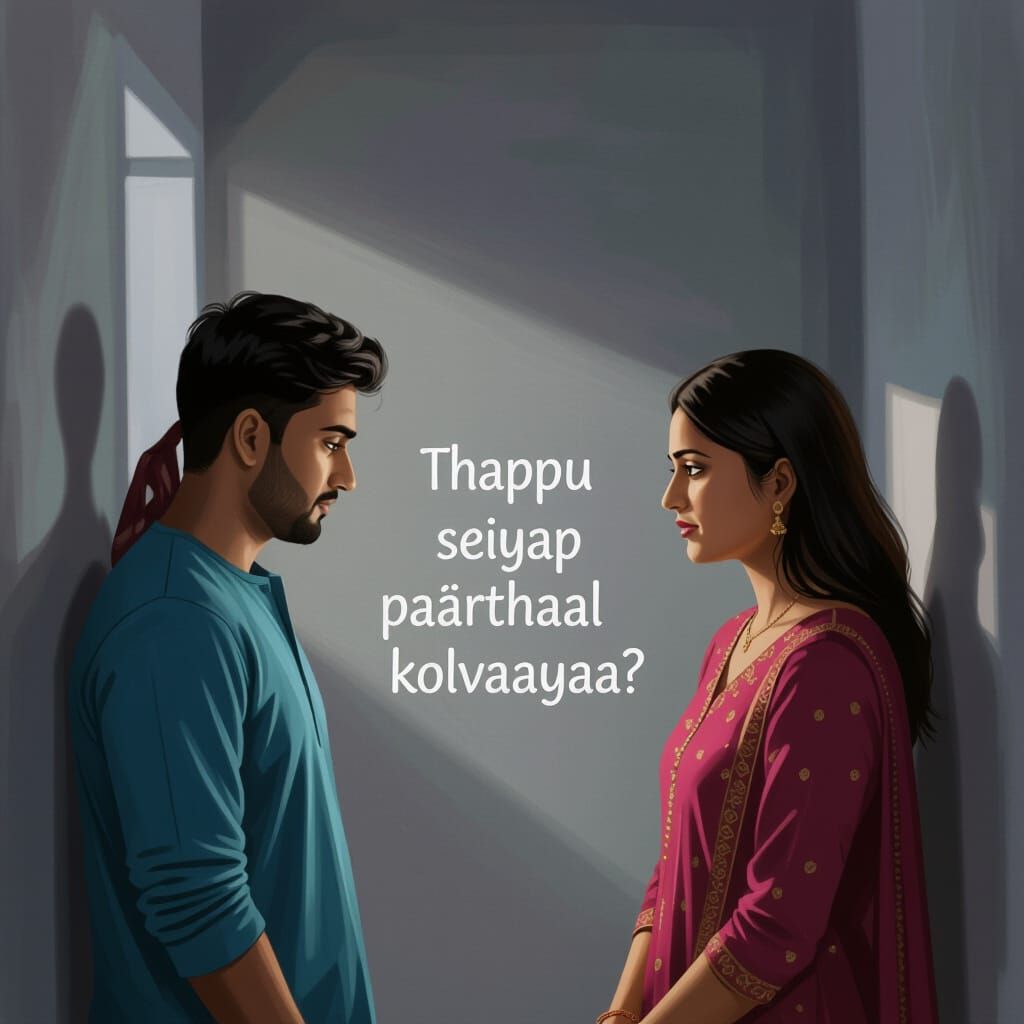 South Asian Couple in Tense Room, Mixed Emotions