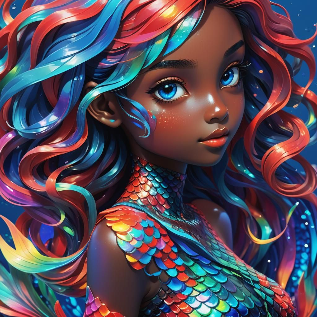 Anime Mermaid Portrait in Vibrant Neon Colors