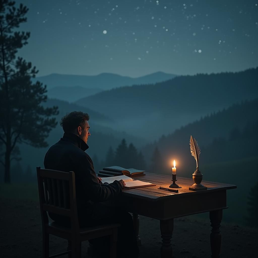 Mystical Figure Gazing at Starry Sky in Foggy Landscape