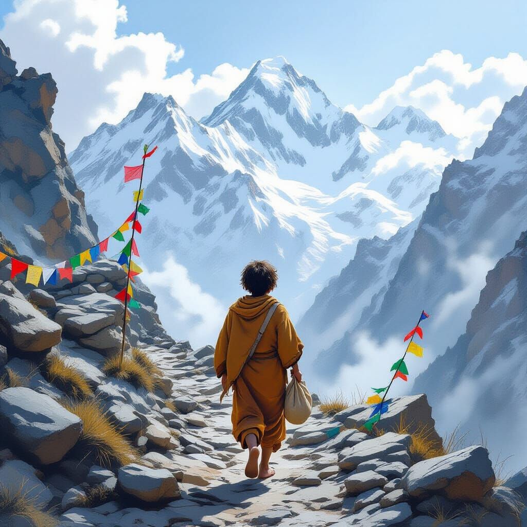 Boy Climbs Himalayan Path in Earthy Landscape Painting