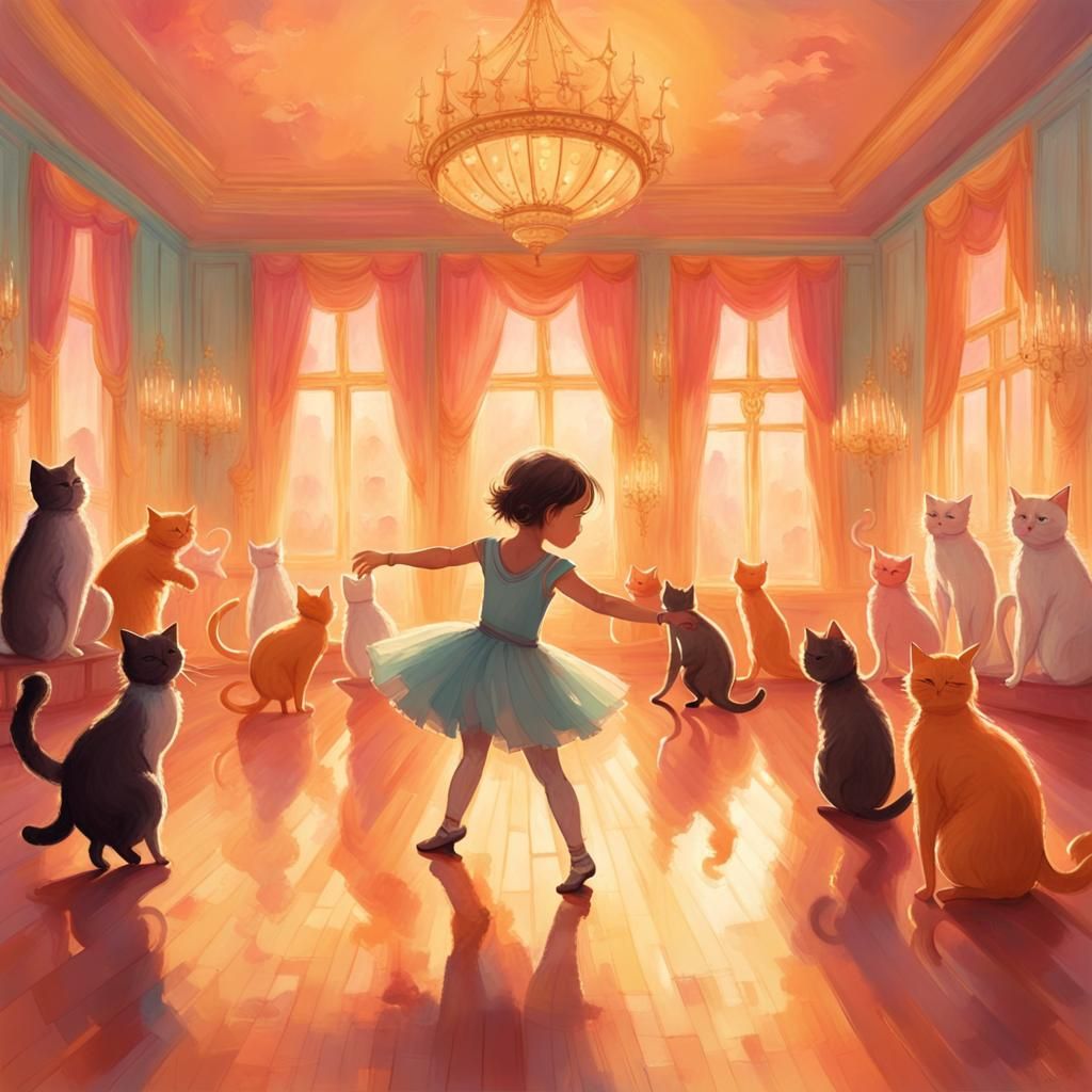 Child's Dance with Cats in Golden Ballroom