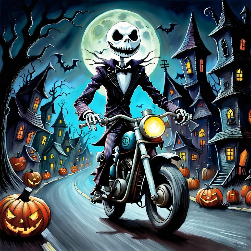 Jack Skellington Rides Motorbike in Halloween Town