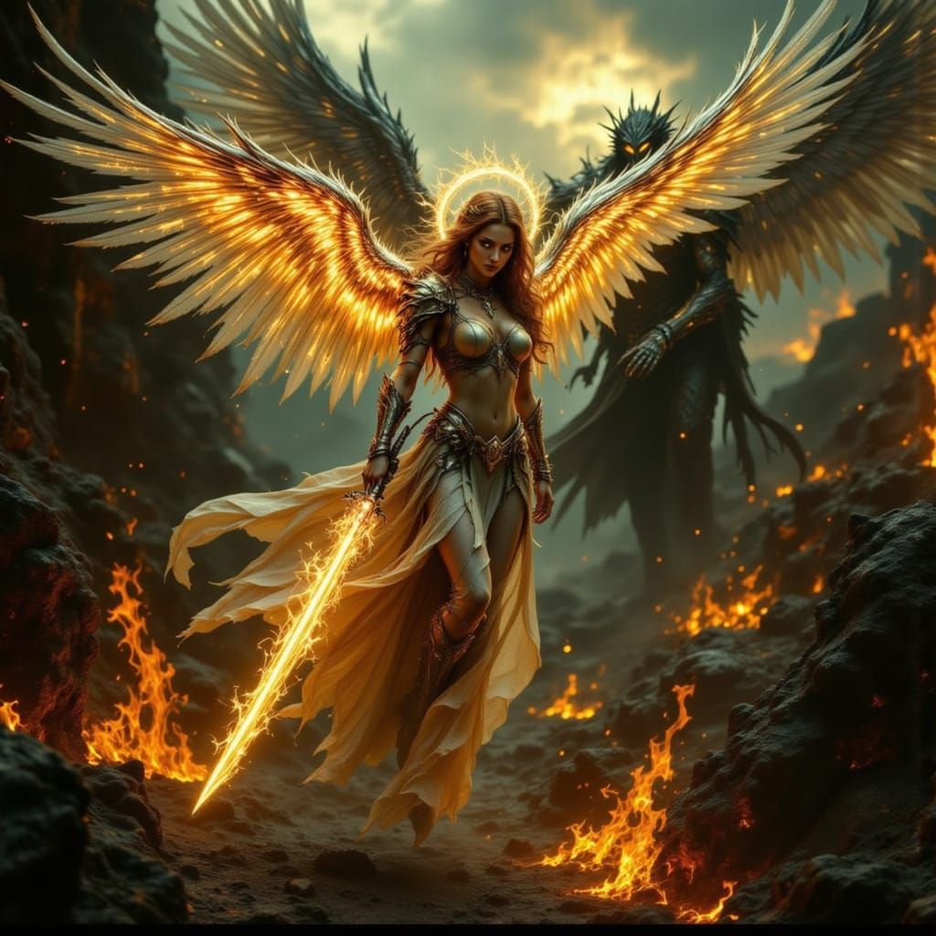 Divine Angel vs Demonic Intrusion in Chiaroscuro Style