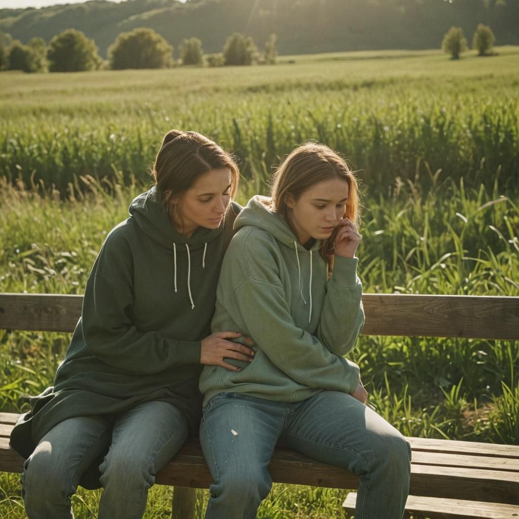 Women Cuddling in Field: Cinematic Film Still
