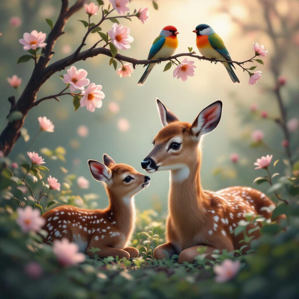 Loving Deer Family in Ethereal Pastel Meadow