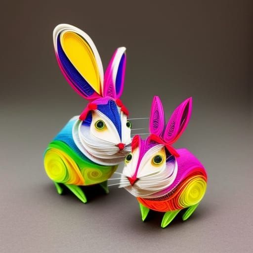 Quilled Papercraft Bunnies in 3D Render Style
