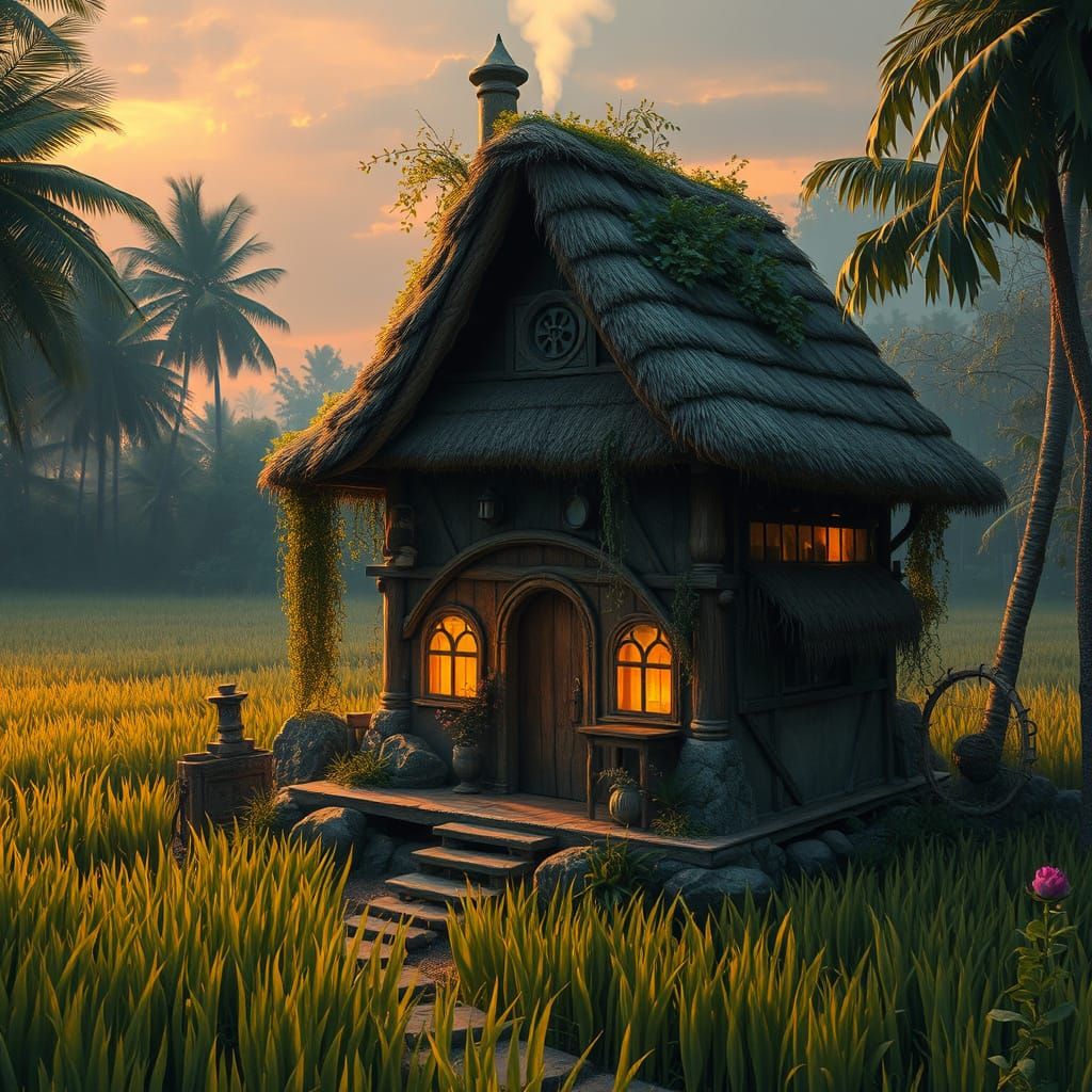 Magical Wizard Cottage in Rice Field at Sunset