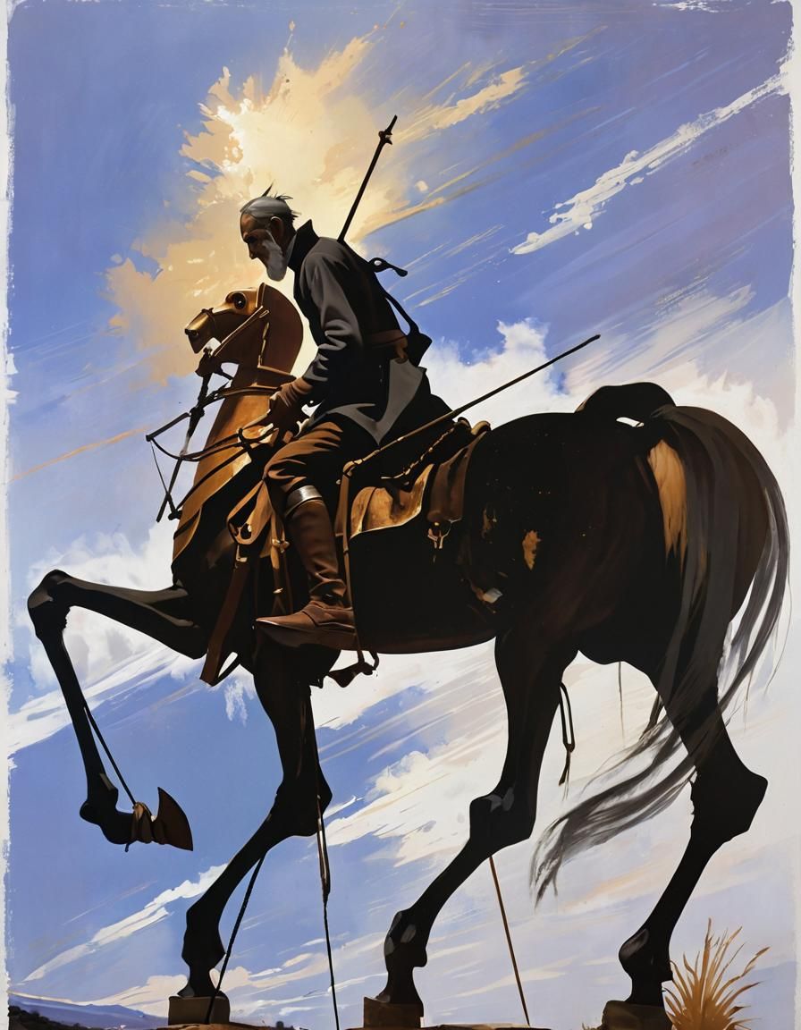 Don Quixote, his armor battered and dented, sits atop Rocinante, the horse's fur matted and worn, in a medium shot set a...
