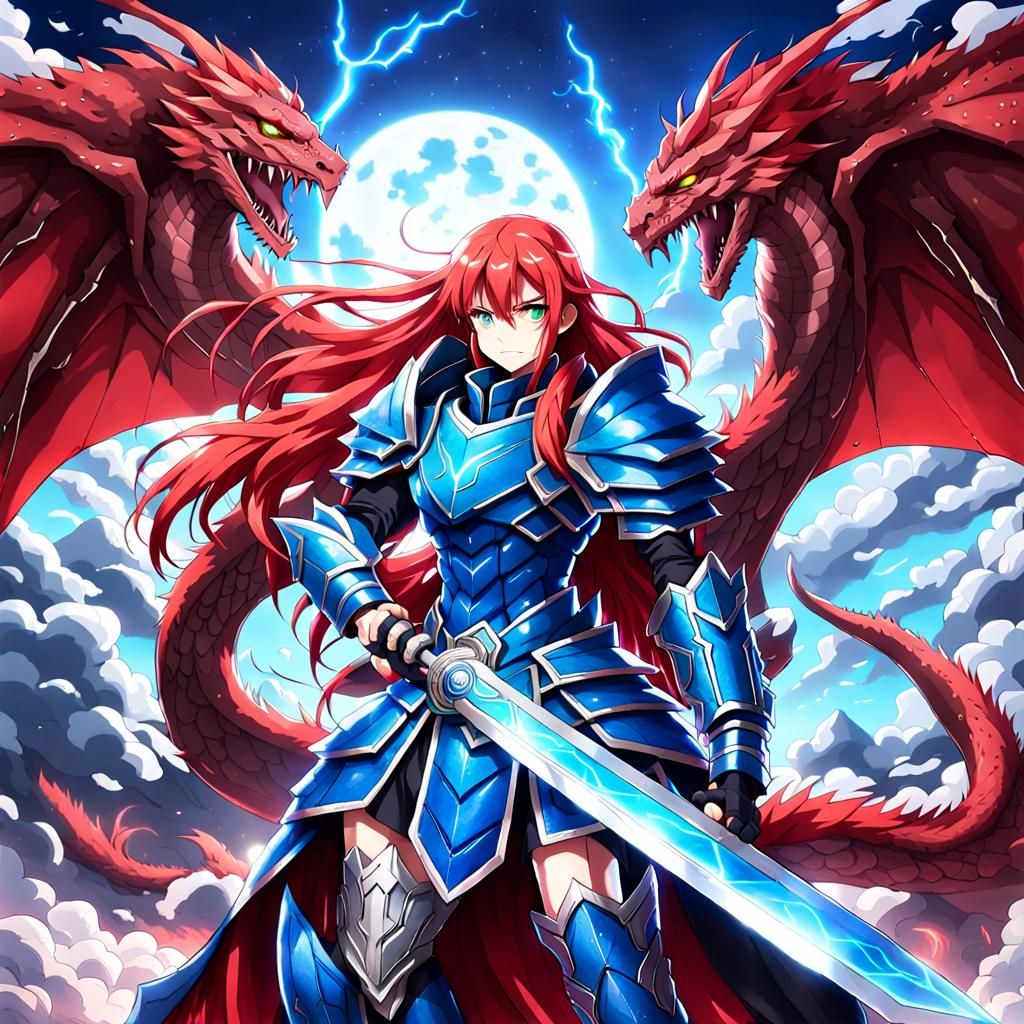 Crimson Haired Warrior in Dragon Armor, Anime Style
