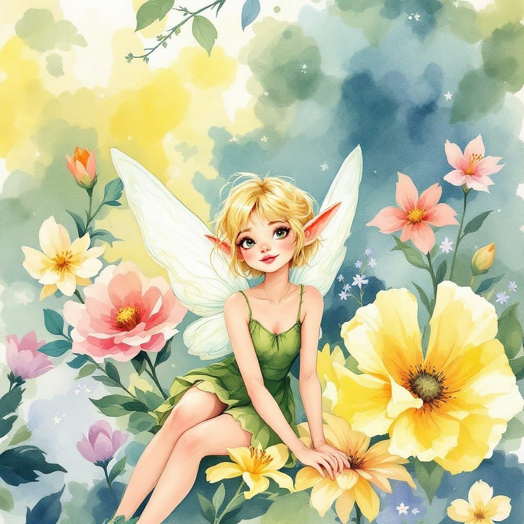Tiny Fairy in Vibrant Spring Garden, Whimsical Watercolor Ar...