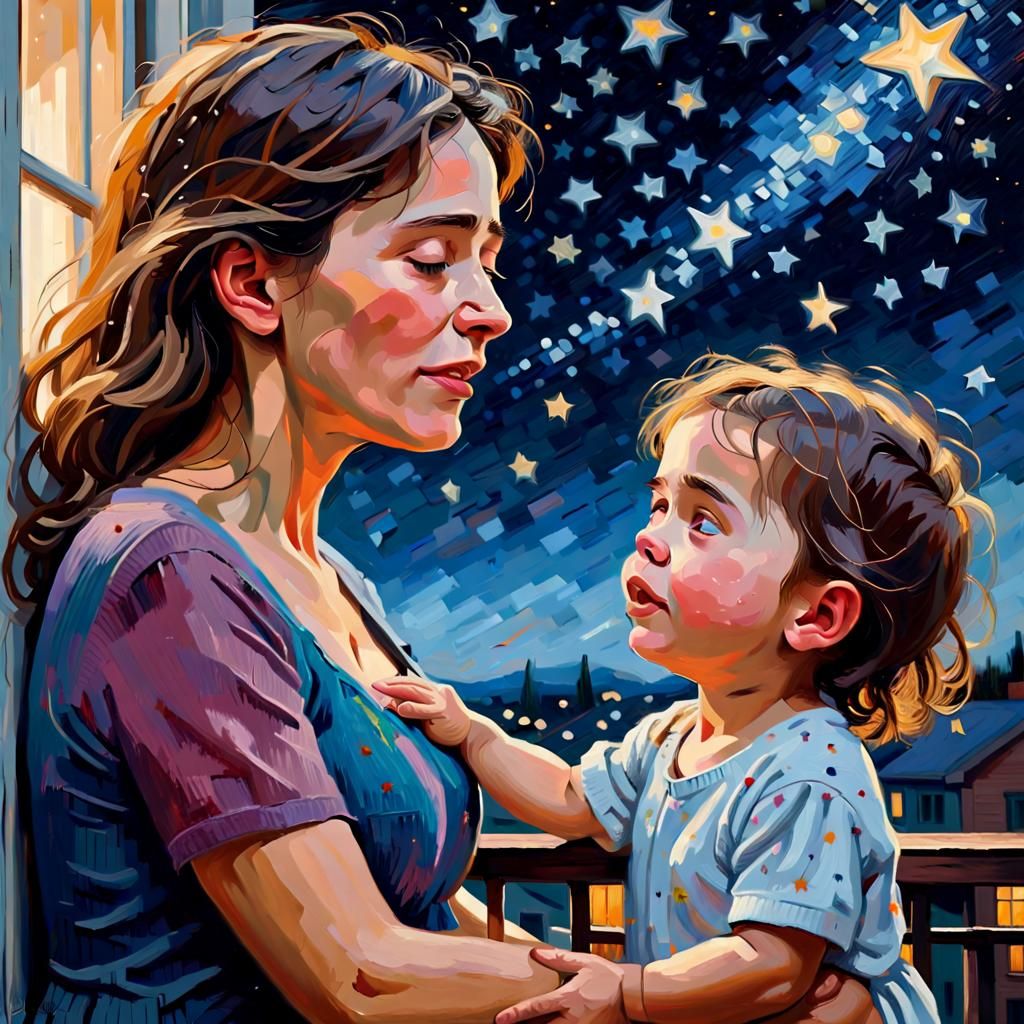 Mother and Child Gazing at Stars in Expressionist Oil Painti...