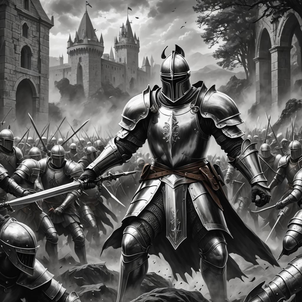 Monochrome Knight in Epic Battle Scene