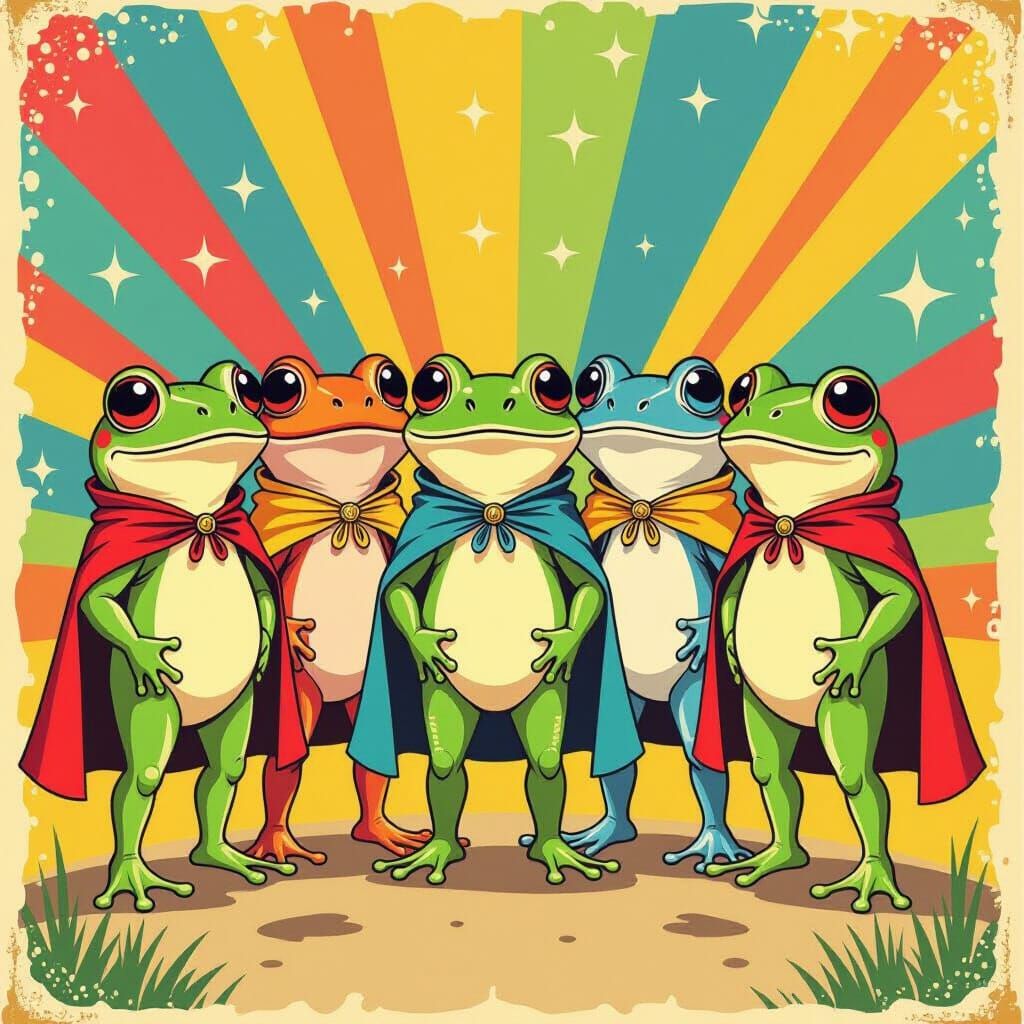 Cute Frogs Unite for Peace in 60s Hippie Art Style
