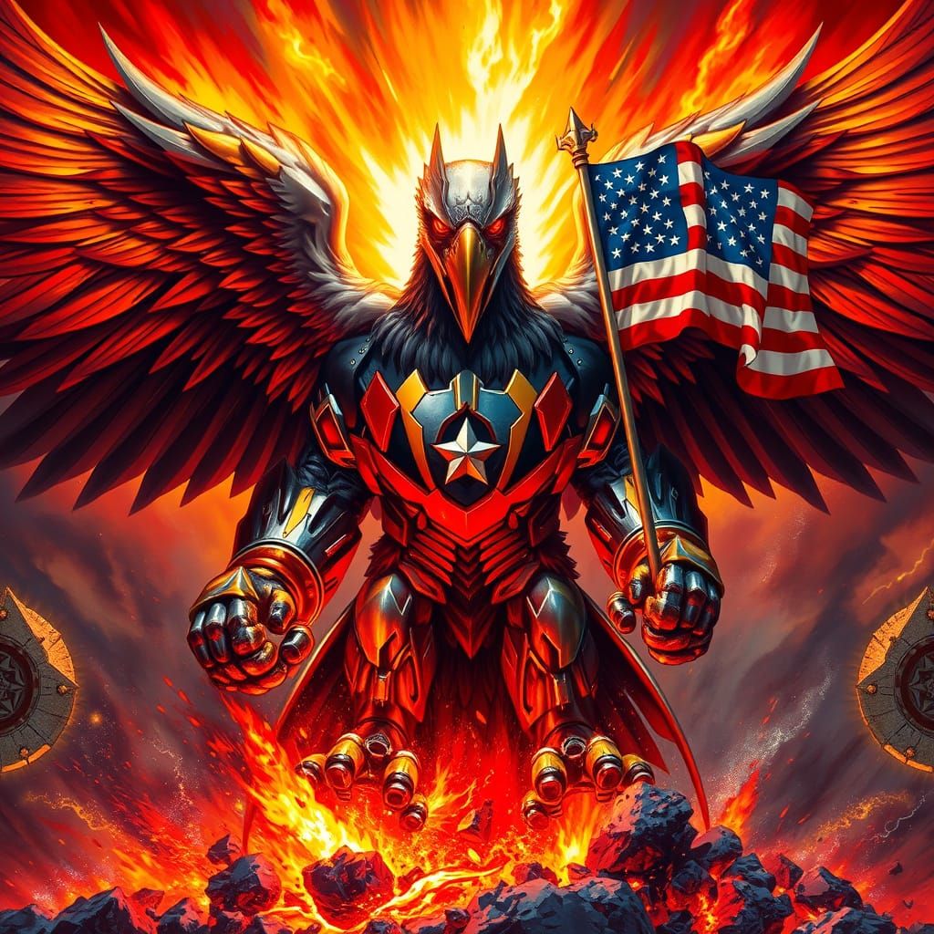 Iron Eagle Clutches Flag in Fiery Fantasy Art