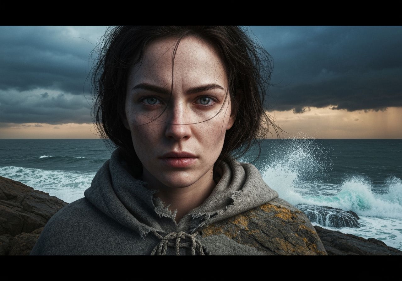Windswept Woman Faces Stormy Sea in Photorealistic Style