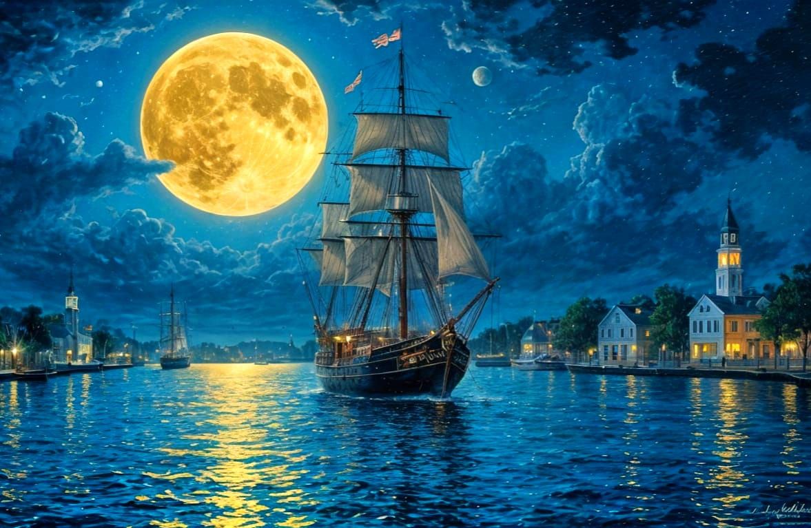 18th Century Charleston Harbor at Night, Oil Painting