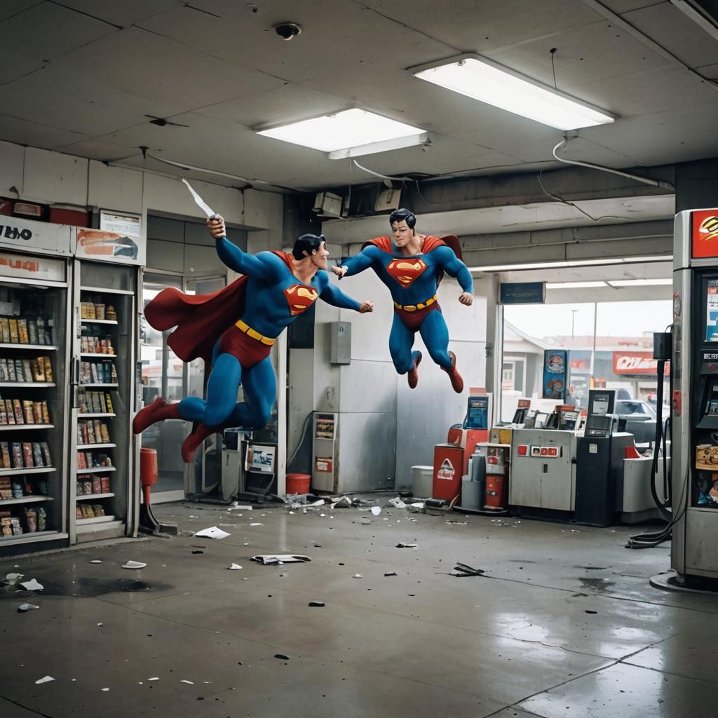 CCTV camera watching superman destroy the inside of a gas station while flying