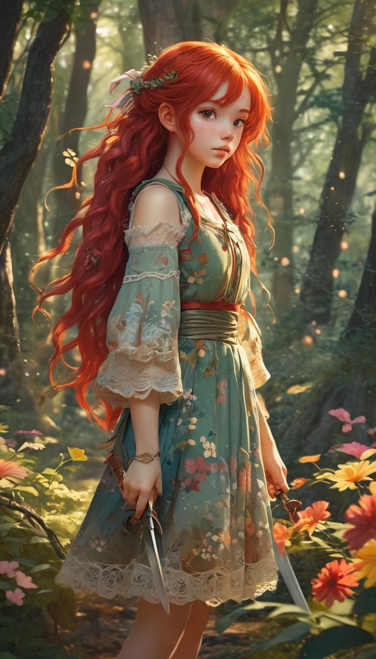 Whimsical Anime Girl with Sword in Forest