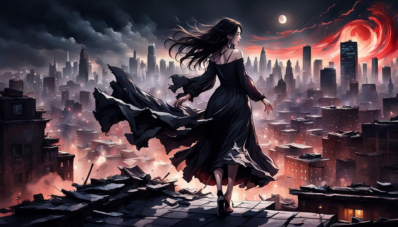 Girl Dancing on Rooftop at Midnight, Fantasy Art