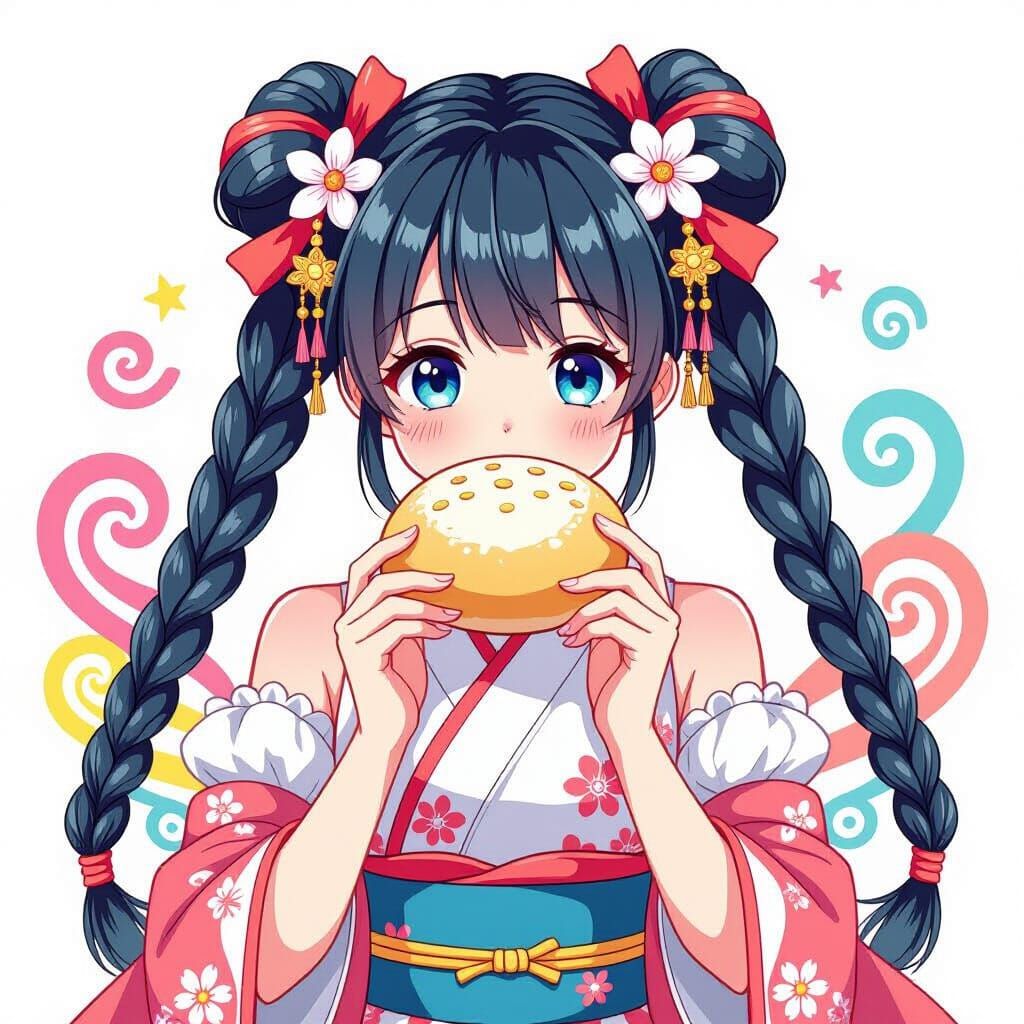 Anime Girl Eating Bun in Cute Kawaii Style
