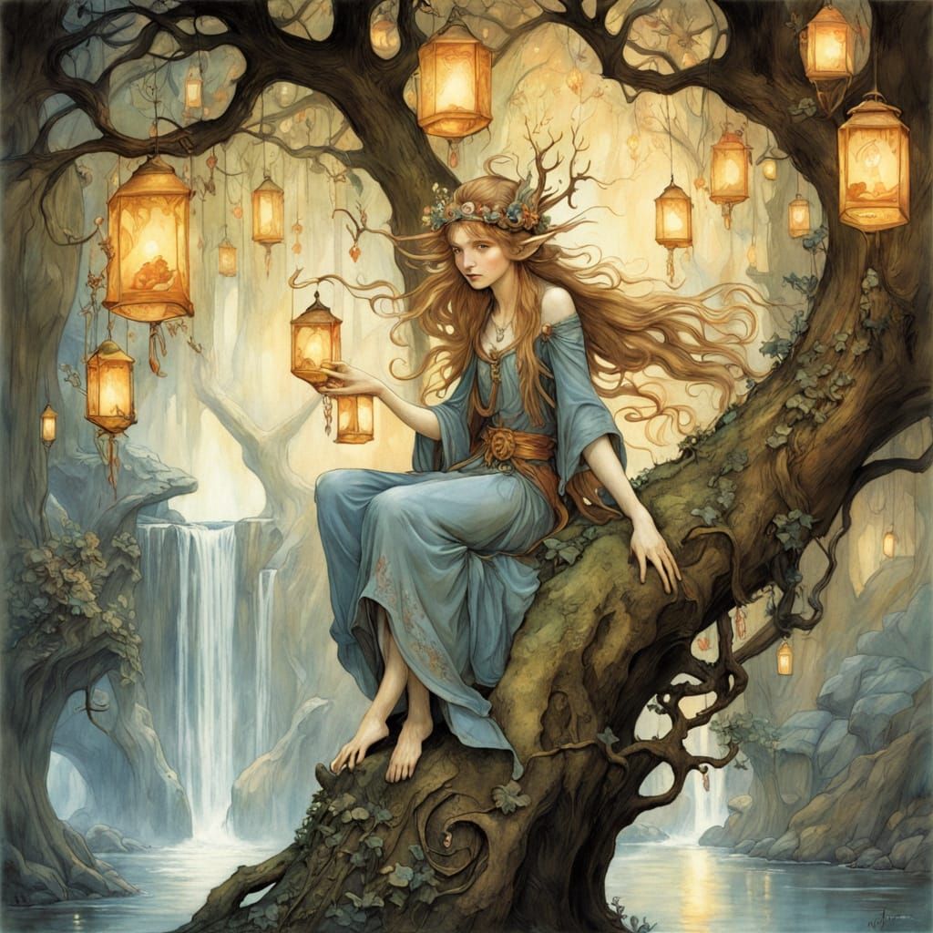 Elven City in Oak Tree, Whimsical Art Style