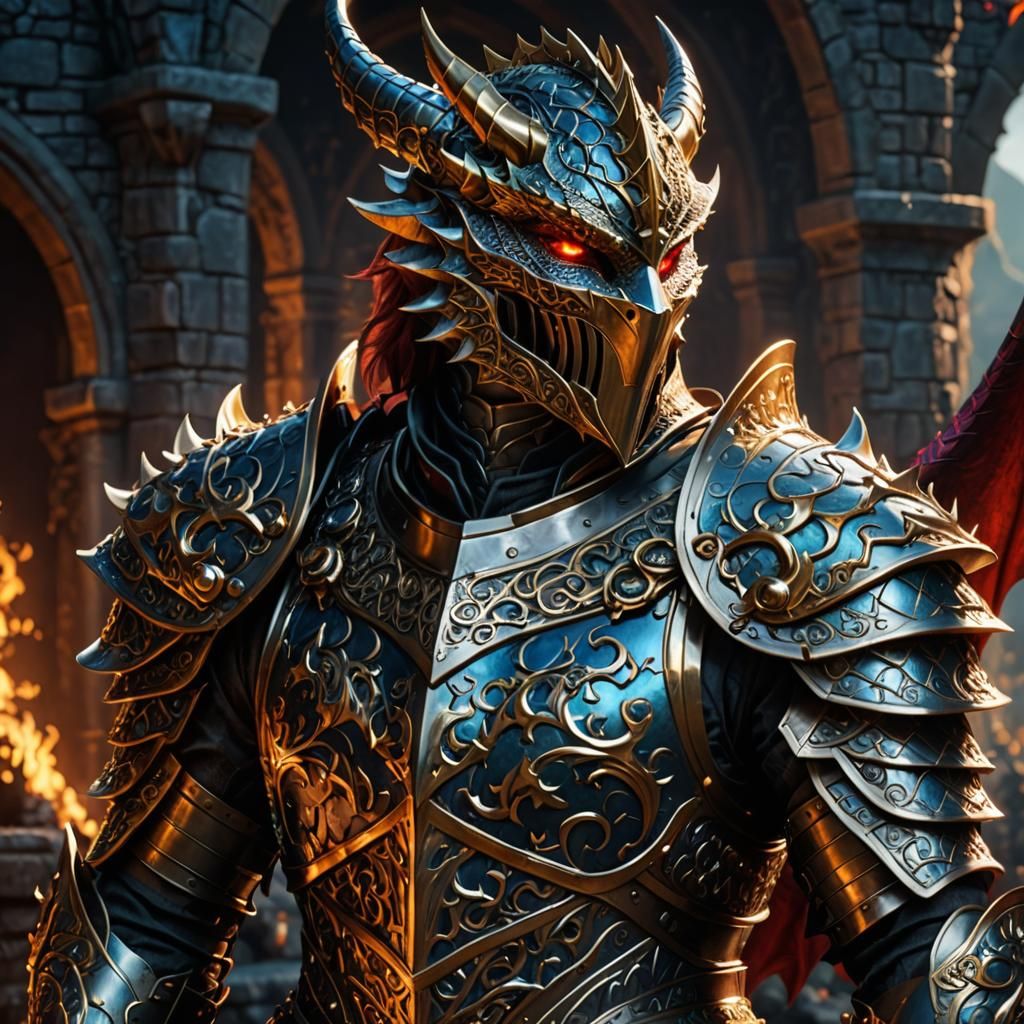 Dragon Knight in Intricate Armor and Detailed Background