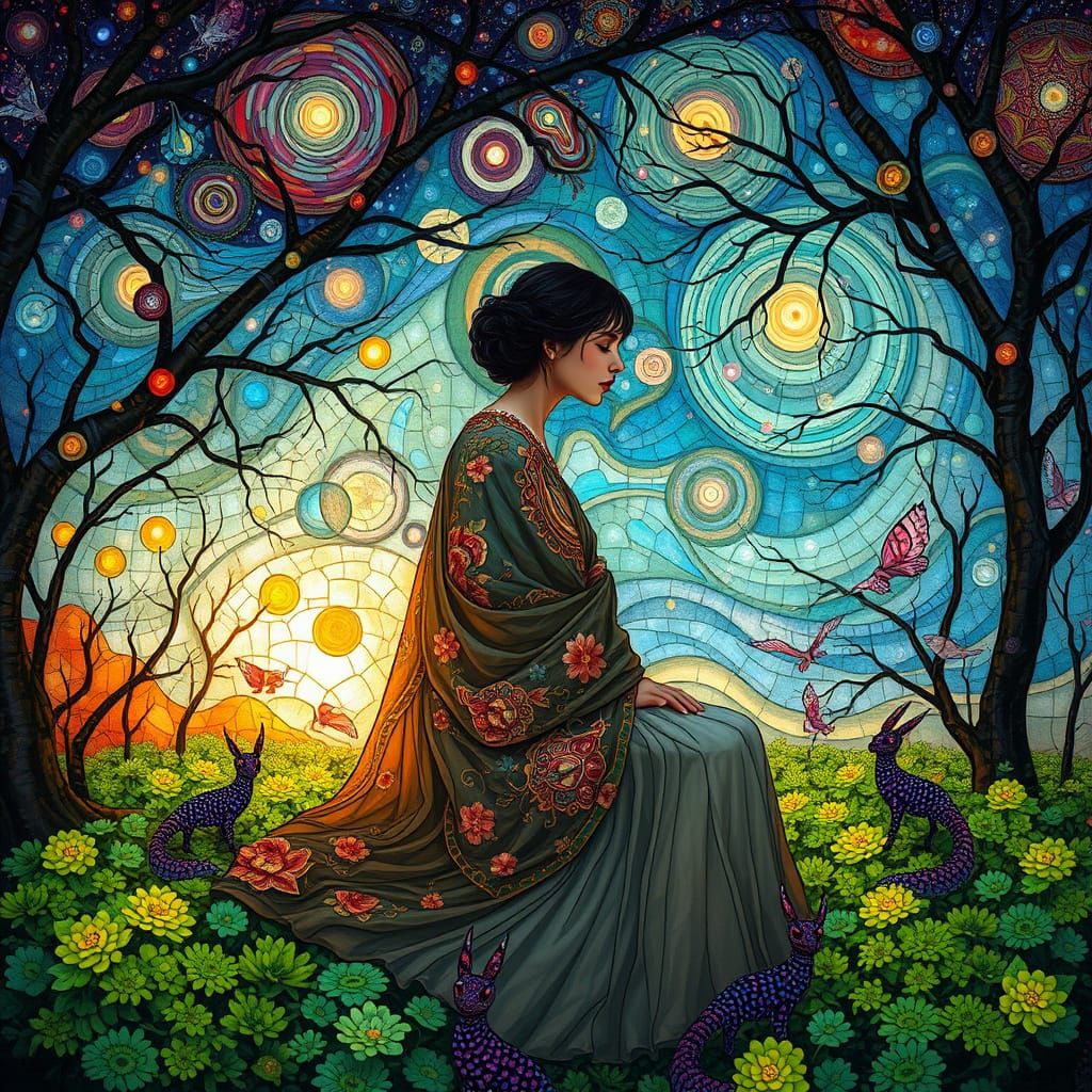 Surreal Forest Figure in Ethereal Bioluminescent Landscape