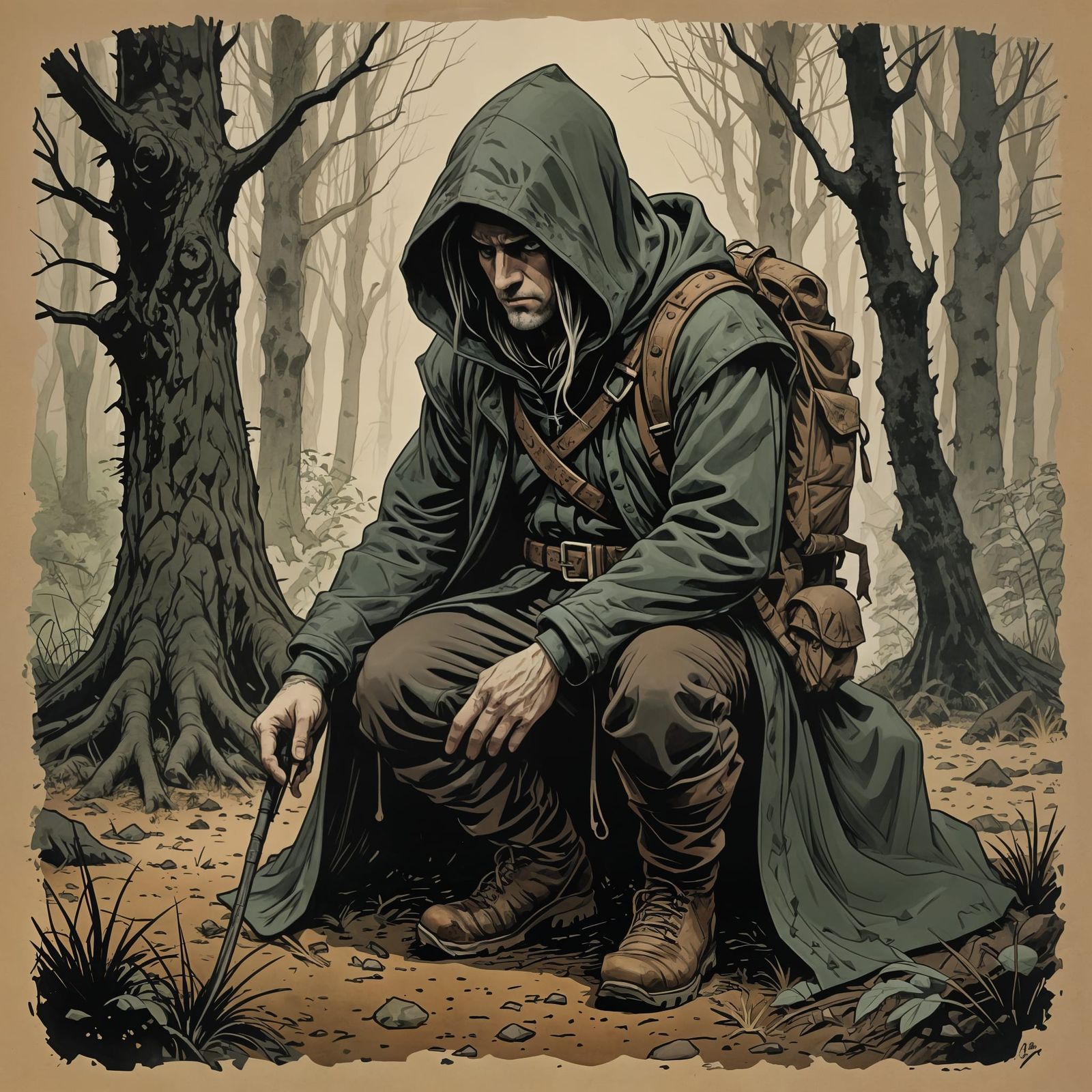 Grimdark Hunter Tracking Footprints in Forest Sketch