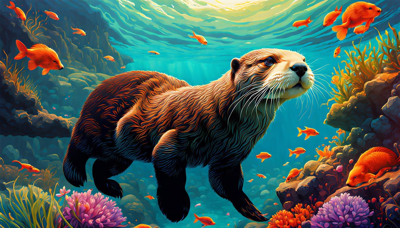 Vibrant Tide Pool Otters in Digital Illustration