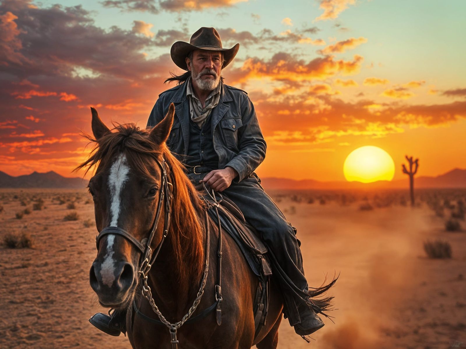 Grizzled Cowboy Rides Mustang at Sunset in Hyperrealistic St...