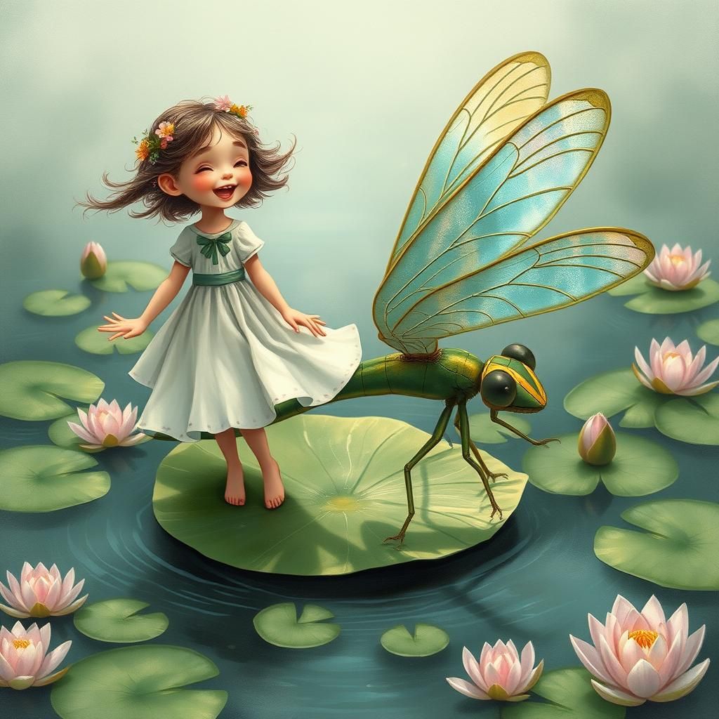 Girl Rides Dragonfly in Watercolor Japanese Art Style