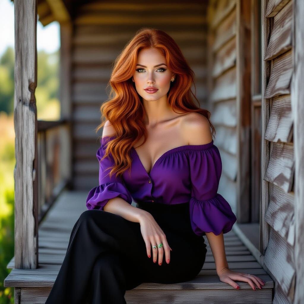 a stunning woman with thick red hair, wearing black trousers...