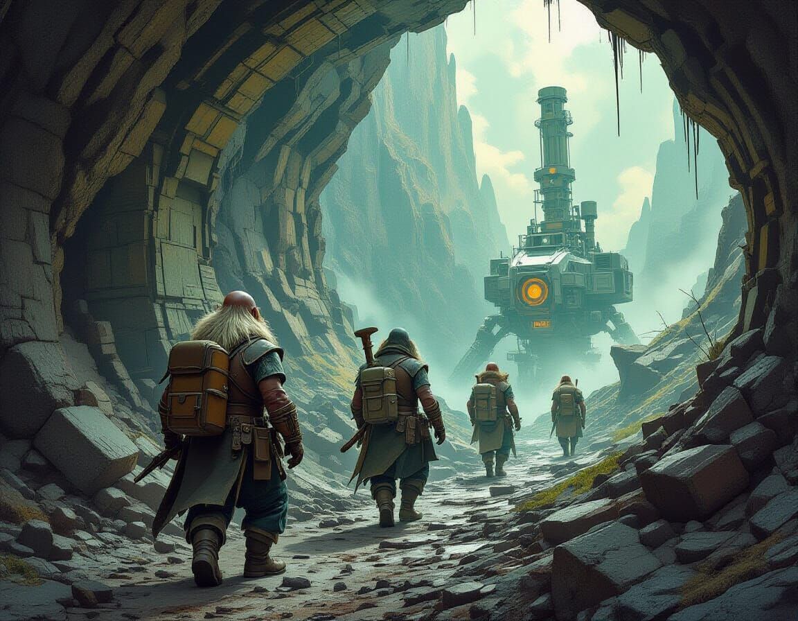 Dwarven Miners in Industrial Fantasy Landscape