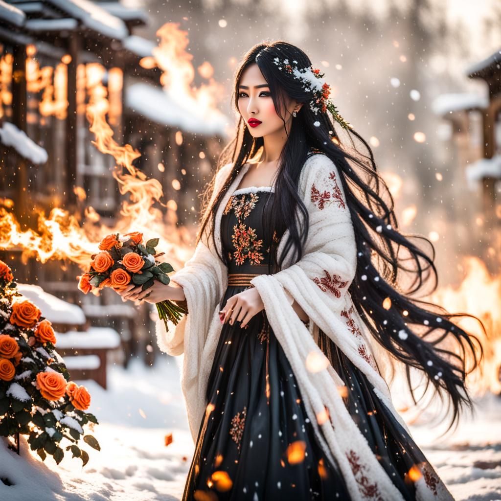 Mythical Woman in Roses, Fire and Snow: Professional Photogr...