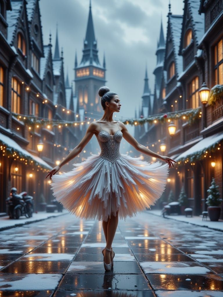 Ballerina in Snow Plaza, Gothic Cathedral Dress
