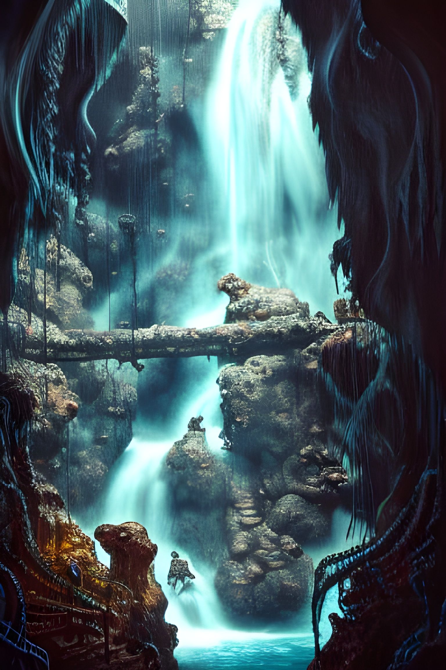 Cave Hidden by Waterfall in Dark Fantasy Style