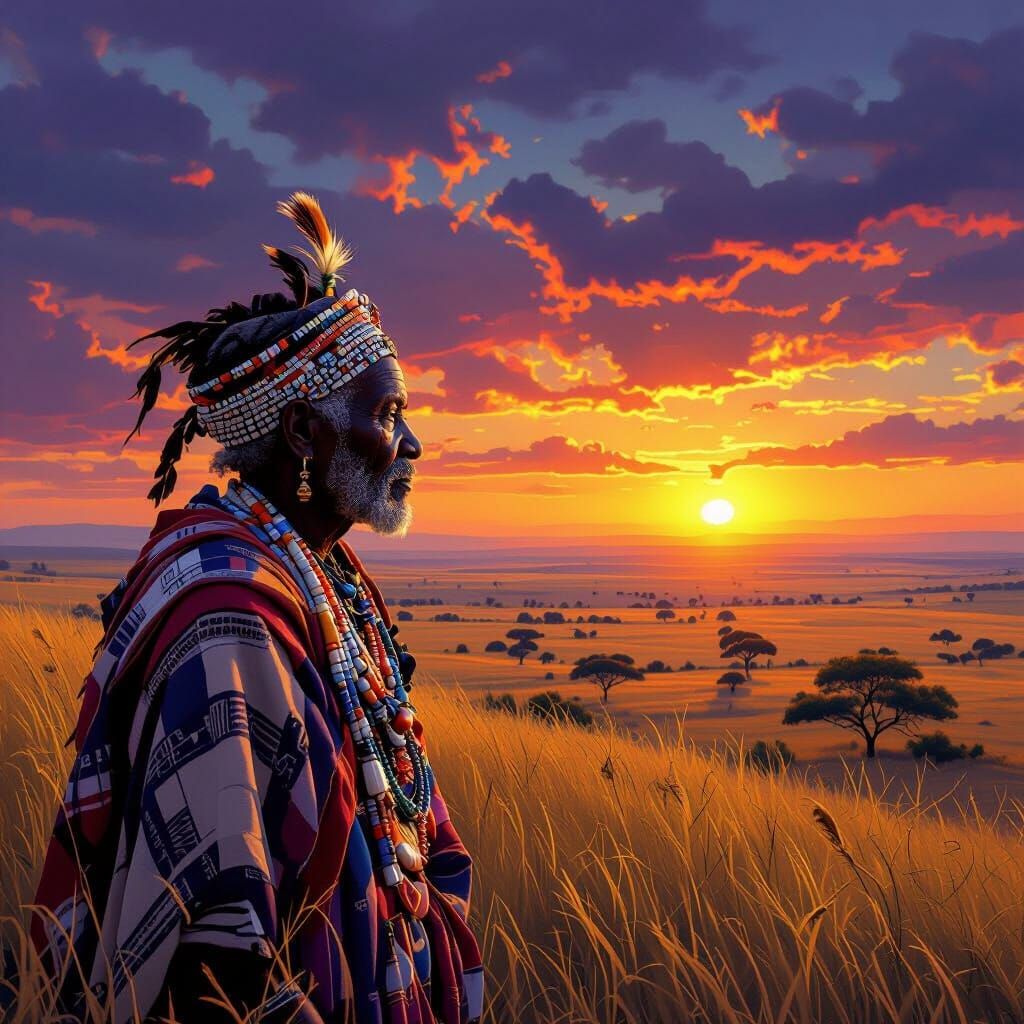 African Elder on Mesa at Sunset Digital Painting