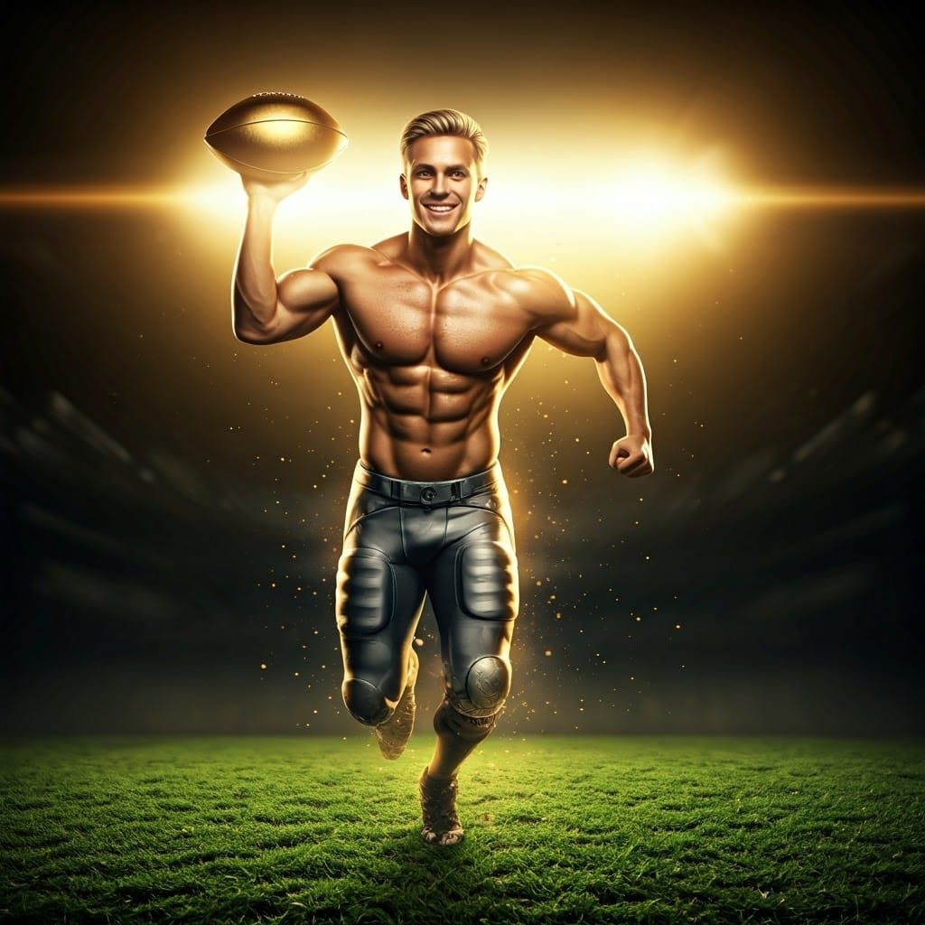 A chiseled, athletic blonde male quarterback with a charming...