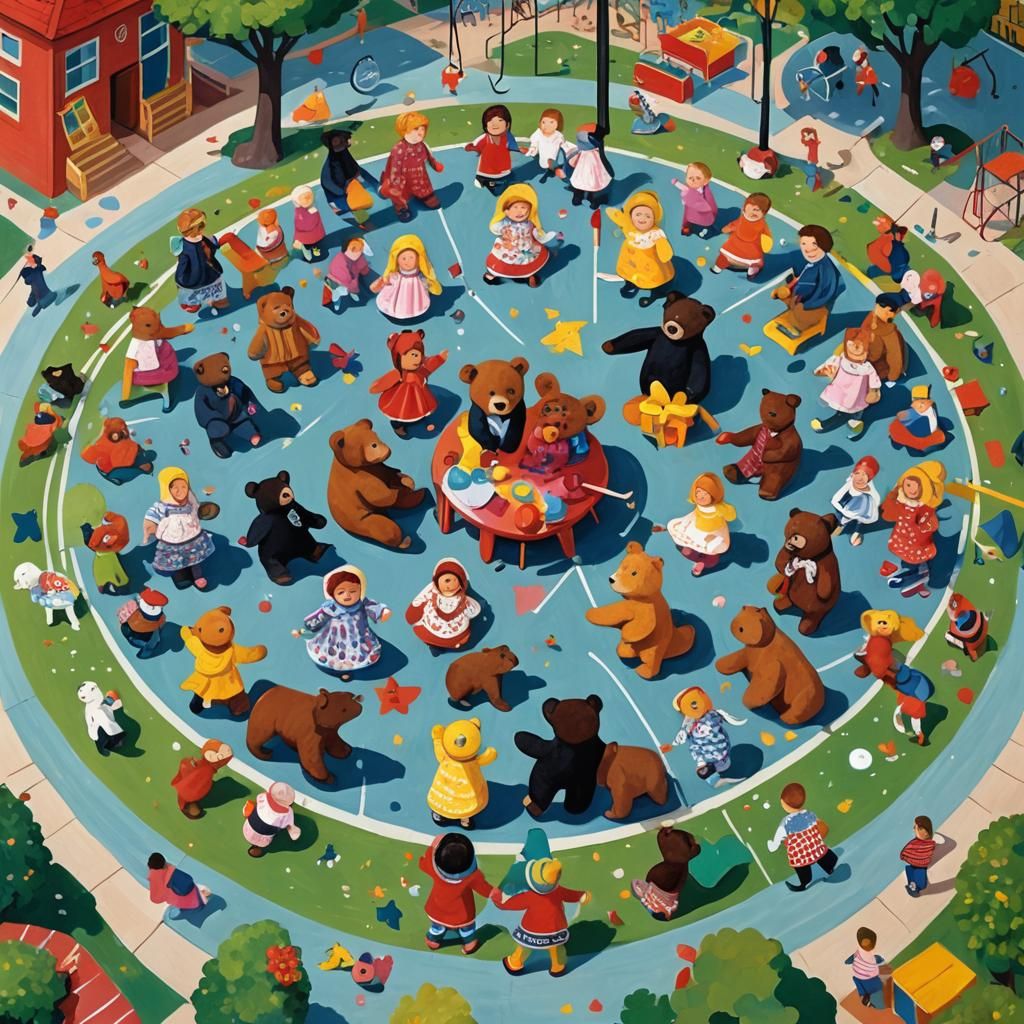 Bears and Dolls on Playground in Naive Art Style