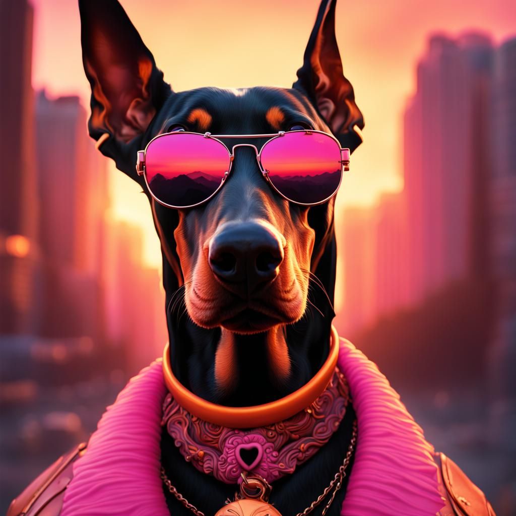 Doberman in Sunglasses with Sunset Background