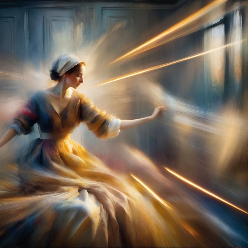a woman surrounded by streaks of blurred light, motion frozen in a fleeting moment, soft focus, dreamy atmosphere, remin...