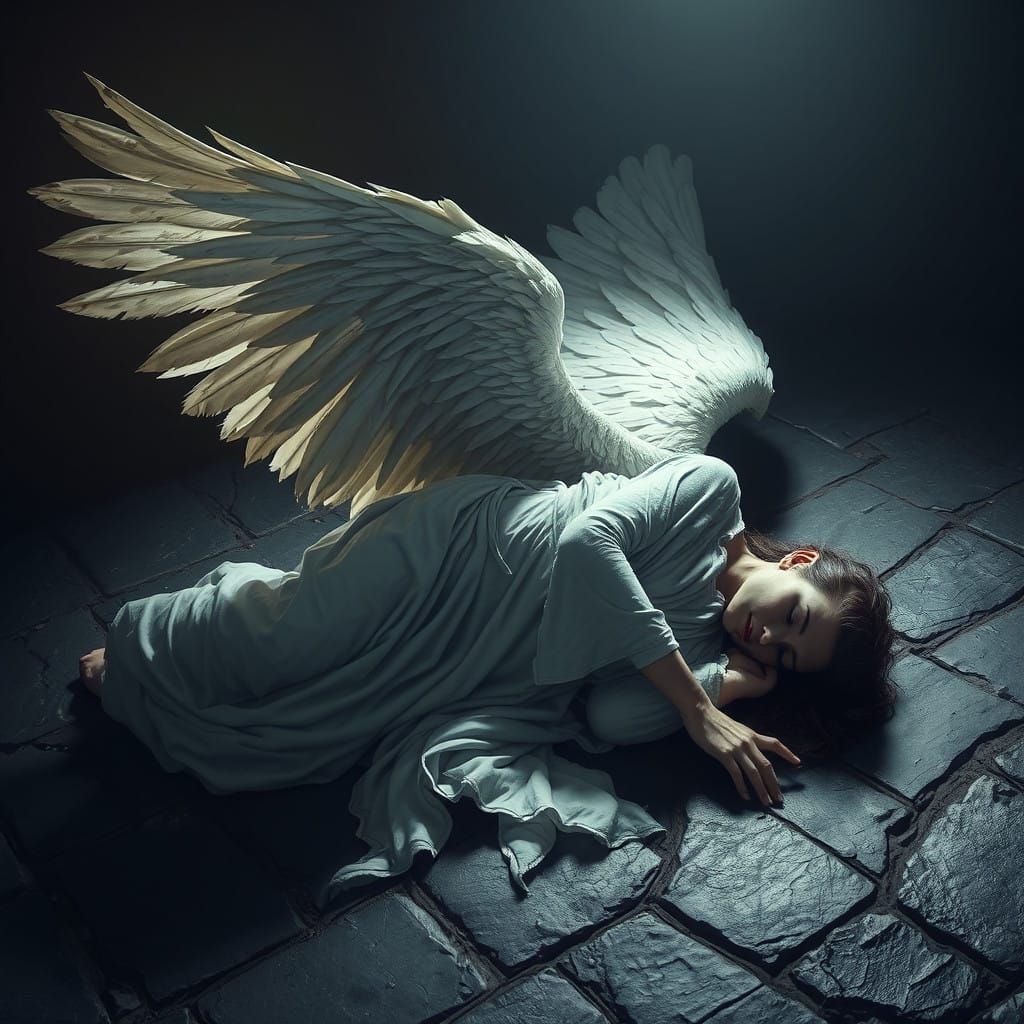 hyper realistic fallen angel in bright spark light