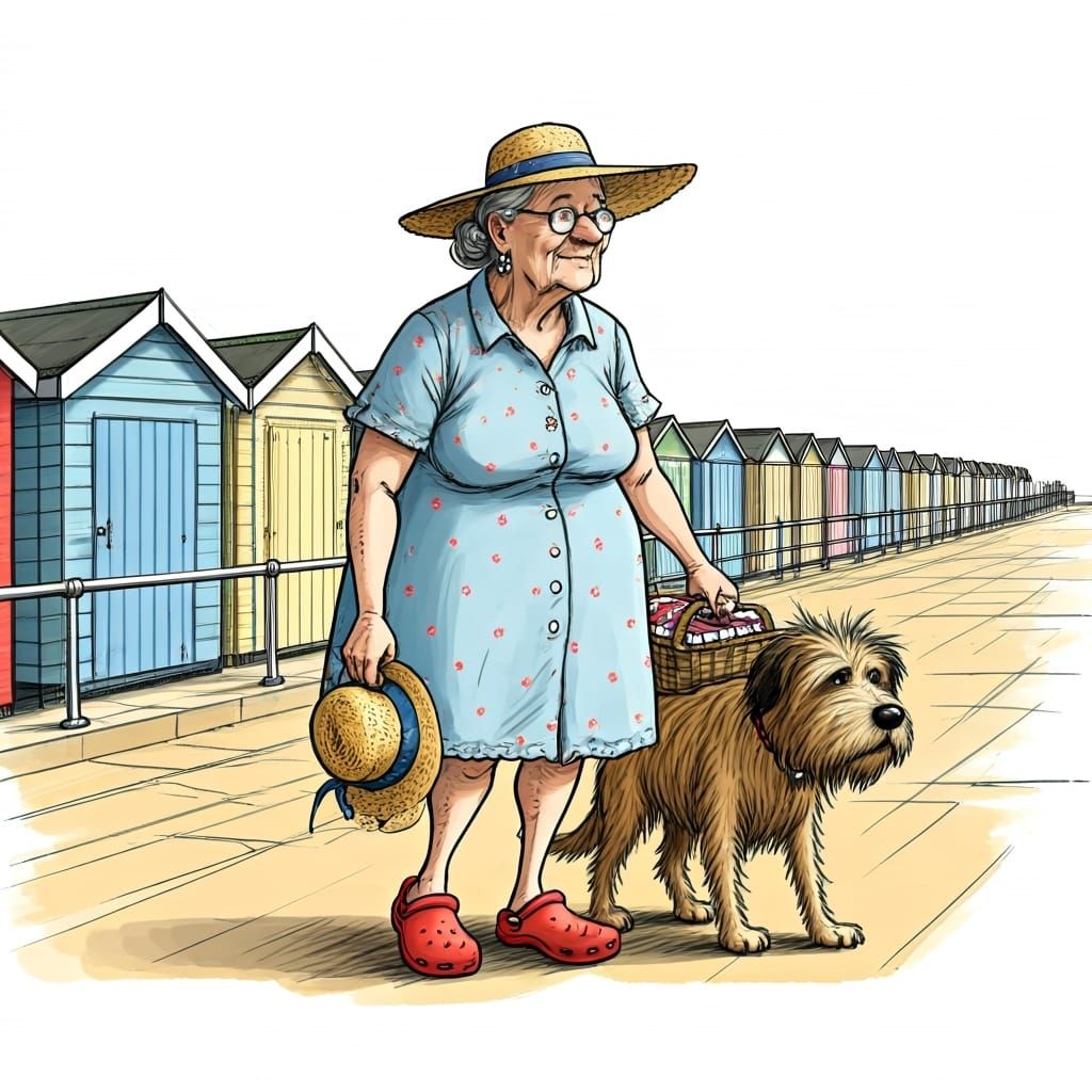 Old Woman Walking Dog in Painterly Cartoon Style