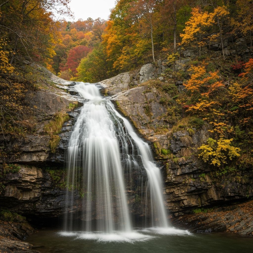 Vibrant Autumn Waterfall Amidst Colorful Foliage